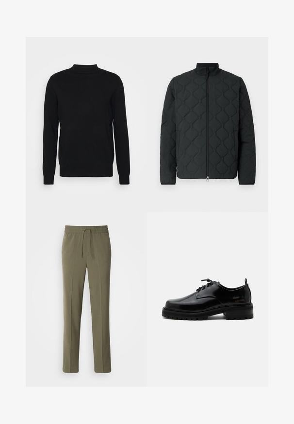 Zwart doorgestikt jack met geometrisch patroon, hoge kraag, ritssluiting aan de voorkant en zachte stoftextuur. Minimalistisch ontwerp zonder versieringen.; Zwarte pullover trui van zachte stof met een hoge hals en lange mouwen. Eenvoudig ontwerp, zonder patronen of versieringen.; Olijfgroene, lichte broek met een elastische tailleband en verstelbaar trekkoord; recht model en een gladde textuur.; Zwarte gepolijste leren veterschoen met dikke rubberen zool en lage hak, zijmerktekst "SAMSOE" en een achterste aantreklus.