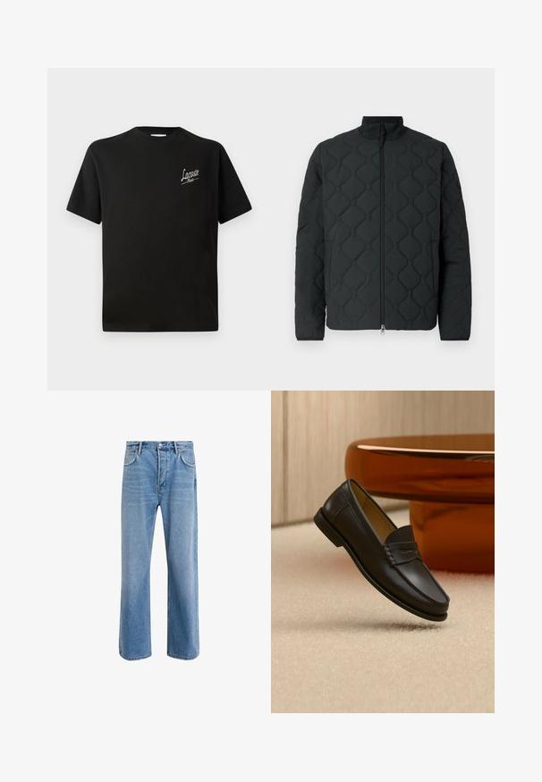 Veste matelassée noire avec motif géométrique, col montant, fermeture éclair avant et texture de tissu douce. Design minimaliste sans ornements.; T-shirt en coton noir à manches courtes, arborant un logo "Lacoste" blanc imprimé sur la poitrine gauche. Conception col rond.; Jeans en denim bleu clair avec une coupe droite, cinq poches, fermeture à bouton, peu d'usure et des détails de couture contrastés.; Chaussure mocassin en cuir noir suspendue au-dessus d’un tapis beige avec du mobilier moderne couleur ambre en arrière-plan.