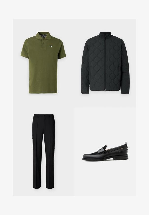 Veste matelassée noire avec motif géométrique, col montant, fermeture éclair avant et texture de tissu douce. Design minimaliste sans ornements.; Polo olive en coton, avec un col classique, deux boutons, des manches courtes et un petit logo brodé sur la poitrine.; Pantalon cargo noir à jambes droites avec fermeture à boutons à l'avant et poches à rabat latérales, présenté sur fond blanc.; Mocassin en cuir noir avec détail de bride grise, talon bas et semelle texturée, marqué "HUGO" en or sur le côté.