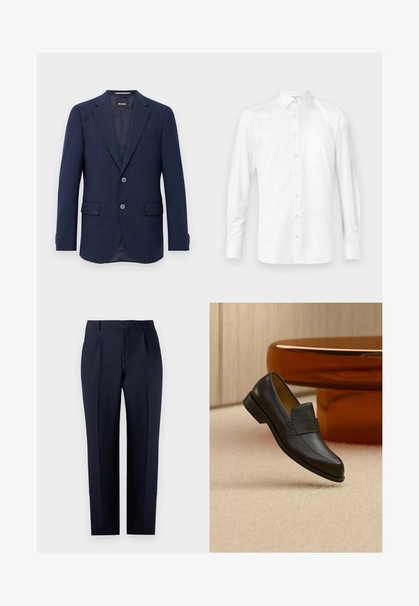 Herren Marineblaues Blazer mit zwei Knöpfen, Reverskragen, Klapptaschen und innerem dunklem Futter, präsentiert vor einem weißen Hintergrund.; Weißes Langarmshirt aus glattem Stoff, mit klassischem Kragen, Knopfleiste und geknöpften Manschetten. Einfaches, sauberes Design.; Marineblaue, maßgeschneiderte Hose aus strukturiertem Stoff, mit geradem Schnitt, Vorderfalten und einem klassischen Bund mit Gürtelschlaufen.; Schwarzer Leder-Loafer mit niedrigem Absatz, der über einem beigen Teppichboden nahe einem runden braunen Tisch schwebt.