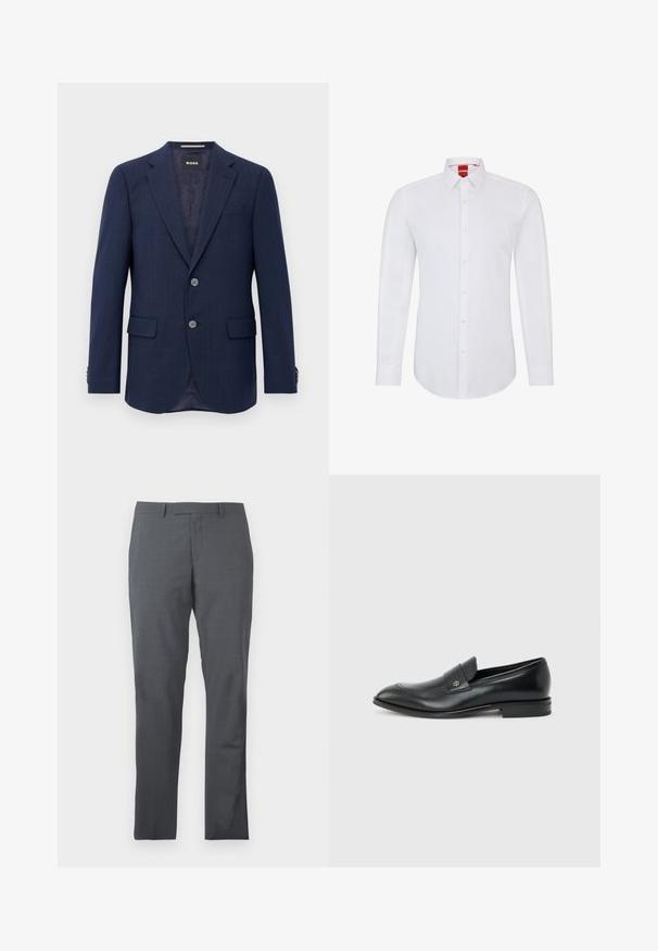 Herren Marineblaues Blazer mit zwei Knöpfen, Reverskragen, Klapptaschen und innerem dunklem Futter, präsentiert vor einem weißen Hintergrund.; Weißes Langarmhemd mit Kragen, ausgestattet mit einer durchgehenden Knopfleiste und weichem, glattem Stoff. Keine Muster oder Akzente sichtbar.; Graue Anzughose aus glattem, strukturiertem Stoff. Slim-Fit-Design, flacher Vorderteil und keine sichtbaren Verzierungen oder Taschen.; Schwarzer Herren-Ledermokassin mit niedrigem Absatz, abgerundeter Zehe und kleinem metallischem Logo auf dem Riemen, seitlich auf schlichtem Hintergrund dargestellt.
