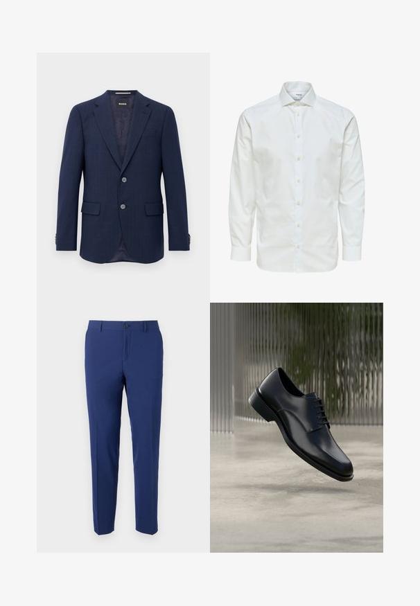 Blazer bleu marine pour homme avec deux boutons, revers en pointe, poches à rabat et doublure intérieure sombre, présenté sur fond blanc.; Chemise blanche à manches longues avec fermeture par boutons sur le devant et col pointu, présentée sur fond blanc.; Pantalons bleu marine en tissu lisse ; coupe slim avec une jambe droite, fermeture à un bouton et poches latérales.; Chaussure habillée en cuir noir à finition lisse, design à lacets, bout arrondi et coutures discrètes, posée sur un fond neutre.