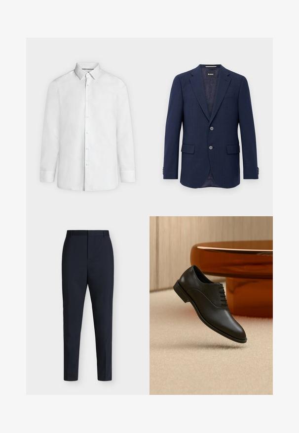 Herren Marineblaues Blazer mit zwei Knöpfen, Reverskragen, Klapptaschen und innerem dunklem Futter, präsentiert vor einem weißen Hintergrund.; Weißes Hemd mit langen Ärmeln, ausgestelltem Kragen und geknöpften Manschetten, frontal auf hellgrauem Hintergrund dargestellt.; Marineblaue, schlank geschnittene formelle Hose mit Gürtelschlaufen und verdecktem Frontverschluss, flach auf einem einfarbigen hellen Hintergrund liegend dargestellt.; Schwarzer polierter Lederschnürschuh über beigem Teppich schwebend, mit großem rundem bernsteinfarbenem Glastisch im Hintergrund.