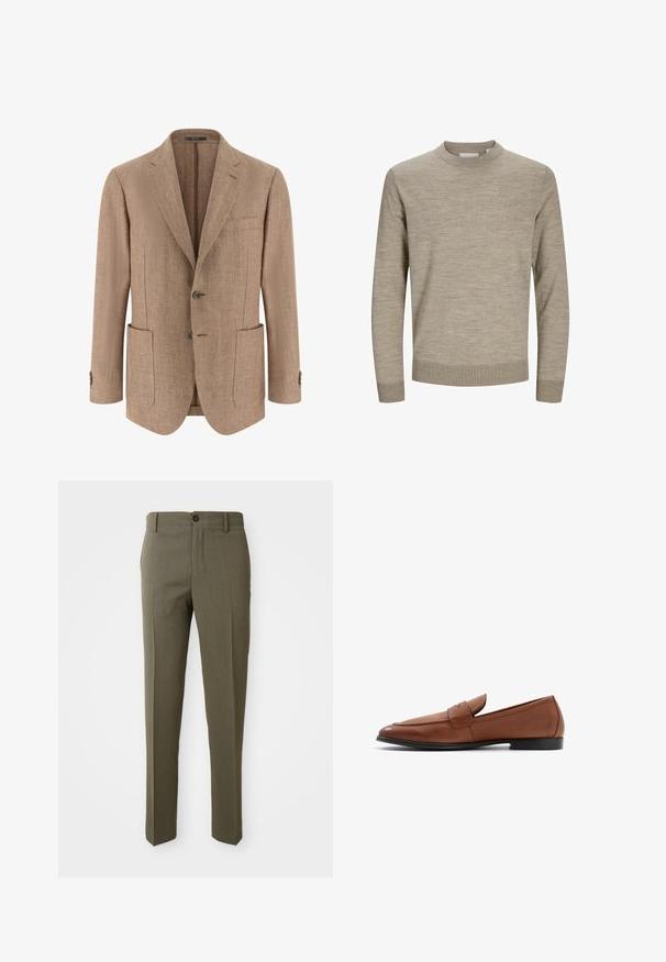 Blazer beige à chevrons pour homme avec revers crantés, deux poches plaquées à l'avant, fermeture à deux boutons et poignets boutonnés.; Pull beige à manches longues avec col rond, poignets et ourlet côtelés, présenté sur un fond blanc.; Pantalons ajustés vert olive avec une texture lisse, coupe droite, bouton avant unique et poches latérales pour la fonctionnalité.; Mocassins en cuir marron avec une silhouette basse, un bout rond et des détails en couture sur le devant. Semelle noire solide avec une finition lisse.