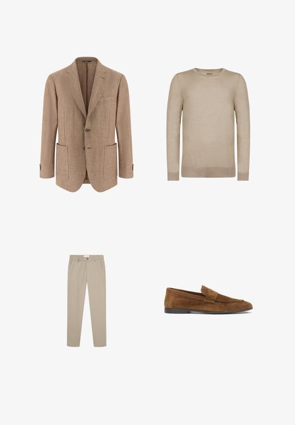 Herre beige blazer i fiskebenmønster med hakkede revers, to forlommer med klap, to-knaps lukning og knapper ved ærmekanterne.; Beige langærmet crewneck-trøje med ribstrikkede manchetter og kant, sømløst design og blødt strikket stof.; Beige skræddersyede bukser lavet af et glat stof. Har forlommer, en knaplukning og et slankt, lige ben-design.; Brune ruskinds loafers med en flad sort sål, med en glat overdel og et dekorativt frontbånd. Enkel design og afrundet næseform.