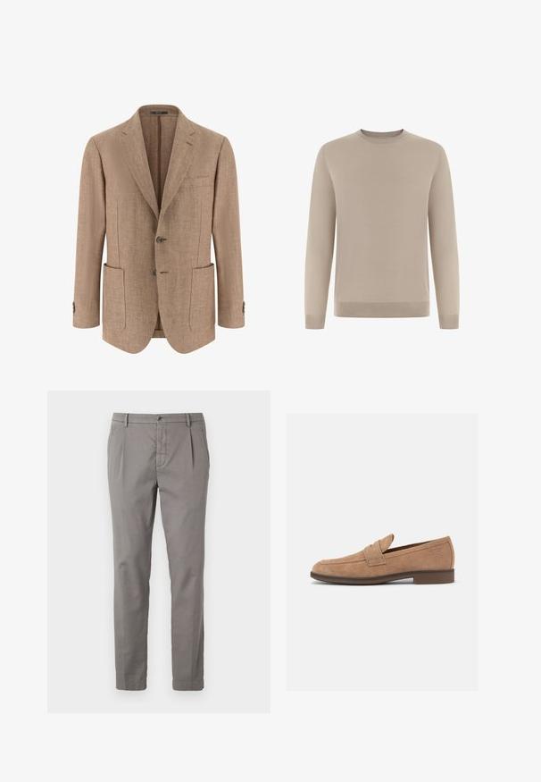 Blazer beige à chevrons pour homme avec revers crantés, deux poches plaquées à l'avant, fermeture à deux boutons et poignets boutonnés.; Pull beige à manches longues en tissu doux et fin tricoté. Il présente un col rond et des poignets et ourlet côtelés pour une coupe ajustée.; Pantalons en coton gris avec une coupe droite, dotés d'une fermeture à bouton, de plis et de poches latérales. Texture lisse avec un minimum de détails.; Mocassin pour homme en daim marron clair avec talon bas, bout arrondi et détail d'une bride sur le dessus.