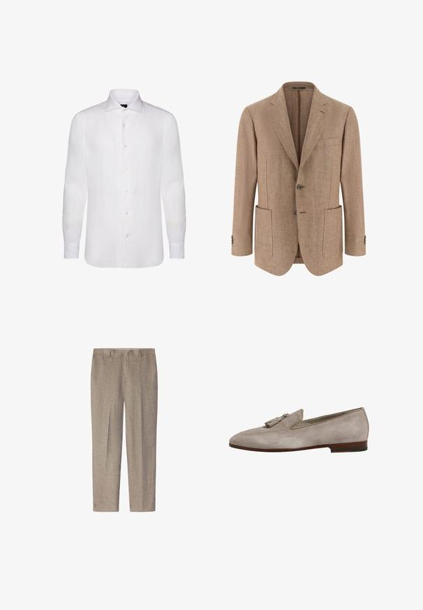Herre beige blazer i fiskebenmønster med hakkede revers, to forlommer med klap, to-knaps lukning og knapper ved ærmekanterne.; Hvid langærmet skjorte i let materiale med klassisk krave, subtil tekstur og seks knapper foran.; Lysebrune hørbukser med lige ben, der har flad front, bæltestropper og ingen synlige mønstre eller detaljer.; Scarosso FLAVIO - Loafers - taupe suede