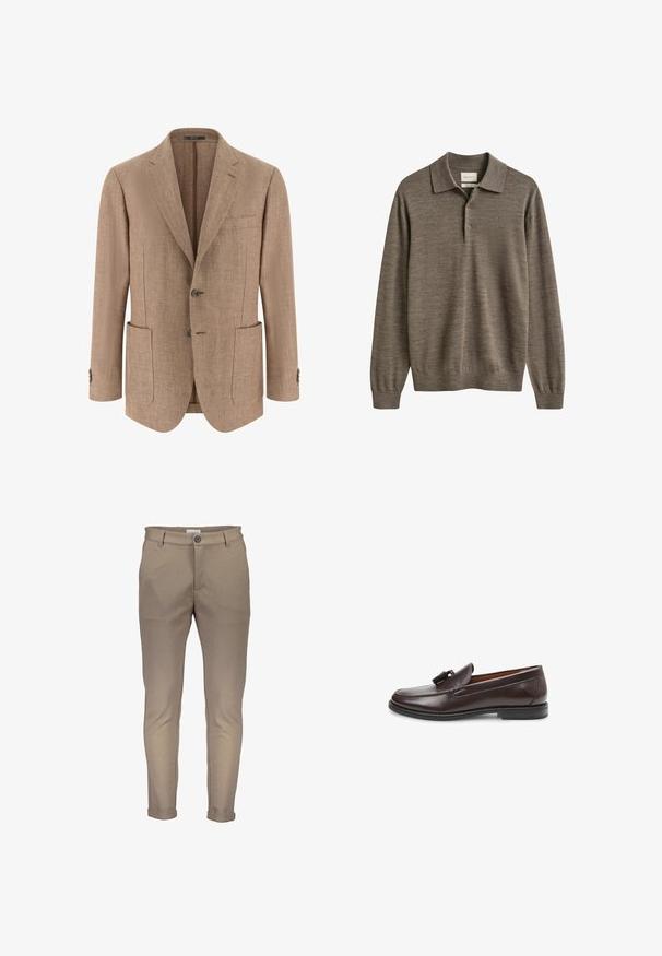 Blazer beige de espiga para hombre con solapas con muesca, dos bolsillos delanteros tipo parche, cierre de dos botones y puños con botones.; Jersey polo marrón de manga larga con cuello y dos botones, hecho de un tejido de punto suave.; Pantalones de mezcla de algodón beige con un ajuste entallado, que cuentan con cierre de botón, trabillas para cinturón y puños doblados. Textura suave con costuras limpias.; Mocasín de cuero marrón con adorno de borla, puntera redondeada y detalle de costura blanca a lo largo de la suela, con una suela de goma de perfil bajo.