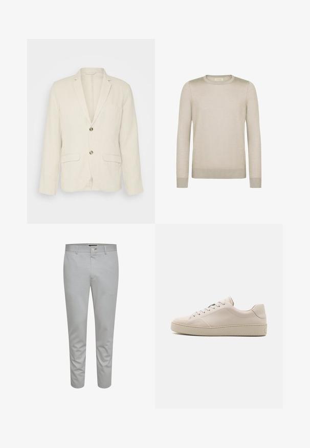 Helle beige Leinenjacke mit zwei Fronttaschen, Reverskragen und zwei Knöpfen. Strukturiertes Gewebe mit entspannter Passform.; Helles beiges Sweatshirt aus weichem Material. Mit rundem Halsausschnitt, langen Ärmeln und gerippten Bündchen sowie Saum für eine taillierte Optik.; Hellgraue, maßgeschneiderte Hose mit glatter Textur, ausgestattet mit einem Knopfverschluss, Gürtelschlaufen und Fronttaschen. Design in knöchellanger, verkürzter Form.; Beige Leder-Sneaker mit glatter Oberfläche, abgerundetem Zehenbereich, flacher Sohle und klassischem Schnürdesign. Dezente Nähte und strukturierte Laufsohle.
