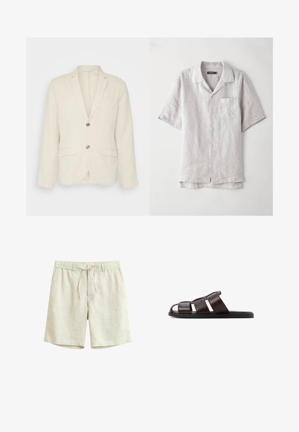 Lys beige linned blazer med to frontlommer, slagkraver og to knapper. Tekstureret stof med en afslappet pasform.; Kortærmet, lys grå linskjorte med spids krave, brystlomme og fire knapper ned langs midten. Glat tekstur, afslappet pasform.; Lys beige linnedshorts med elastisk talje, bindebånd og sidelommer, vist mod en hvid baggrund.; Brune lædersandal med bred stropdesign, åben tå-stil og flad sort sål. Har en glat tekstur og minimal detaljer.