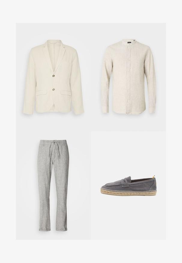 Blazer en lin beige clair avec deux poches avant, revers crantés et deux boutons. Tissu texturé avec une coupe décontractée.; Chemise longue beige clair à manches longues en lin, avec un col montant, une fermeture à boutons et une apparence texturée légèrement froissée.; Pantalons en lin gris clair avec une taille à cordon de serrage, jambes droites et ourlets retroussés. La texture semble légèrement tissée. Pas de motifs visibles.; Chaussure slip-on en toile grise avec semelle en jute tressée et accent jaune contrastant au talon, présentant une texture lisse et un design minimaliste.