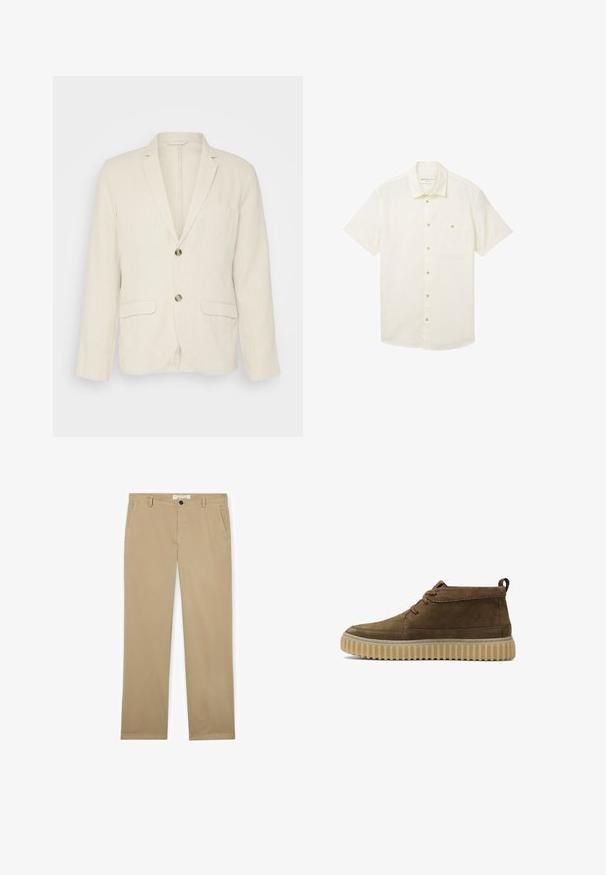 Lichtbeige linnen blazer met twee voorzakken, gesneden revers en twee knopen. Gelaagd stof met een ontspannen pasvorm.; Licht crèmekleurig, kortoff shirt met knopen, van een gestructureerde stof, uitgerust met een standaard kraag, een opgestikte zak en bruine knopen.; Beige chino's met rechte pijpen, voorzien van een knoop- en ritssluiting aan de voorkant, riemlussen en zijzakken, plat neergelegd op een witte achtergrond.; Bruine suède enkellaarzen met een ronde neus, minimale stiksels en een gestructureerde, dikke rubberen zool. Voorzien van een vetersluiting en een hieltab.
