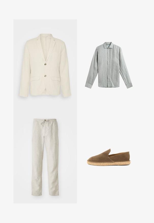 Lys beige linned blazer med to frontlommer, slagkraver og to knapper. Tekstureret stof med en afslappet pasform.; Lysegrå langærmet hørskjorte med knapper foran og klassisk krave, lagt fladt på en hvid baggrund.; Lys beige linnedragt med lige ben, elastisk talje, justerbar snor og ingen synlige mønstre eller metaldele.; Brun ruskinds slip-on espadrille med flettet jutesål og lavtskårne sider, designet til afslappet brug.