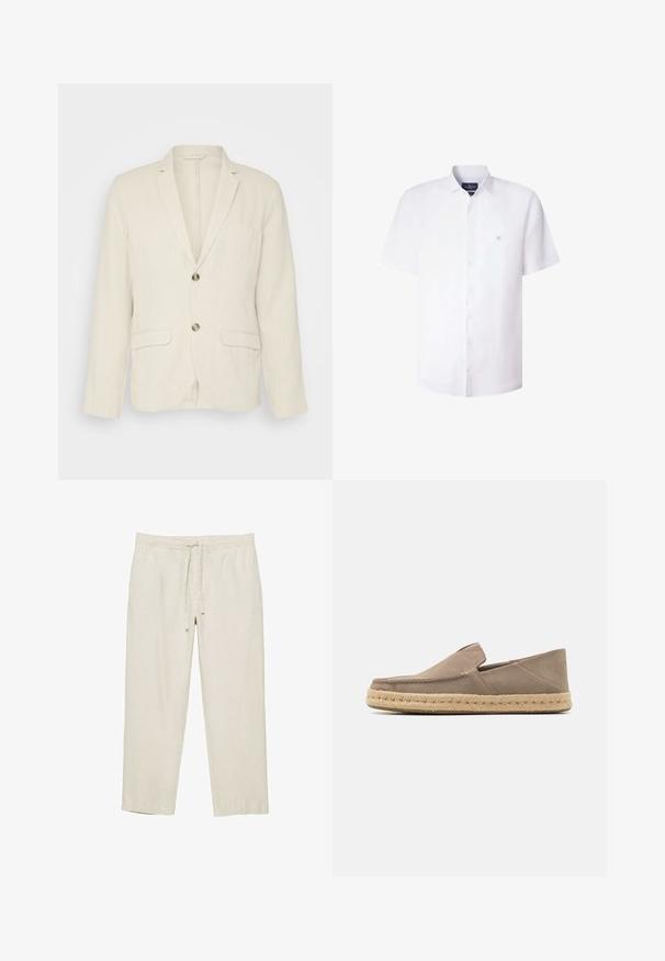 Lichtbeige linnen blazer met twee voorzakken, gesneden revers en twee knopen. Gelaagd stof met een ontspannen pasvorm.; Wit overhemd met korte mouwen, knopen en kraag, met een klein geborduurd logo van gekruiste roeiriemen op de linkerborst, van Hackett London.; Beige casual broek met elastische tailleband en voorste trekkoord, gemaakt van lichtgewicht stof, afgebeeld op een witte achtergrond.; Tan suède instappers met een jute touwzool, voorzien van een ronde neus en minimale stikdetails langs de rand.