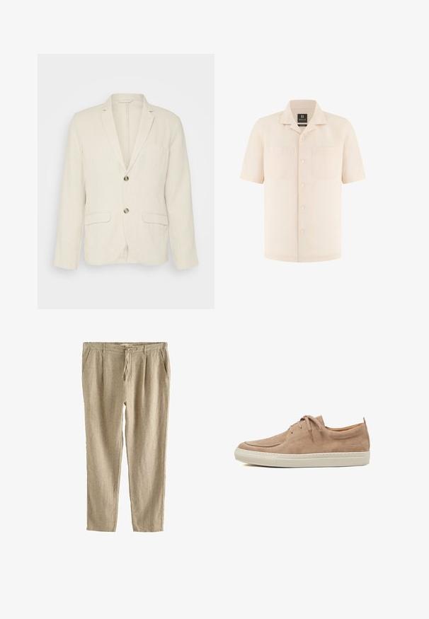 Lys beige linned blazer med to frontlommer, slagkraver og to knapper. Tekstureret stof med en afslappet pasform.; Beige kortærmet skjorte med knapper, camp-krave og to brystlommer, lavet af 100% linned fra Boggi Milano.; Beige hør afslappede bukser med snøre i taljen, sidelommer og en afslappet lige ben pasform.; Beige ruskinds-sneakers med rundet tå, snøredesign og hvid gummisål med diskret syning og mærkning på hælen.
