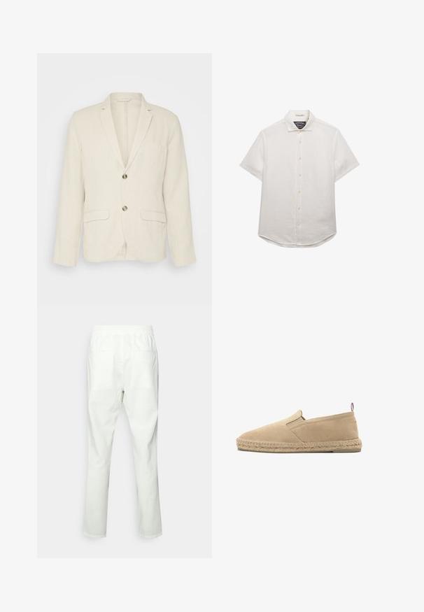 Blazer de lino beige claro con dos bolsillos frontales, solapas con muesca y dos botones. Tejido texturizado con un corte relajado.; Camisa blanca de manga corta con botones y cuello, siete botones y etiqueta de la marca dentro del cuello sobre un fondo blanco.; Pantalones blancos de algodón con cintura elástica, corte recto, dos bolsillos traseros y textura lisa y mate.; Alpargata beige de lona con suela de yute cosida y pequeña lengüeta de tela en el talón, mostrada de perfil sobre fondo blanco.