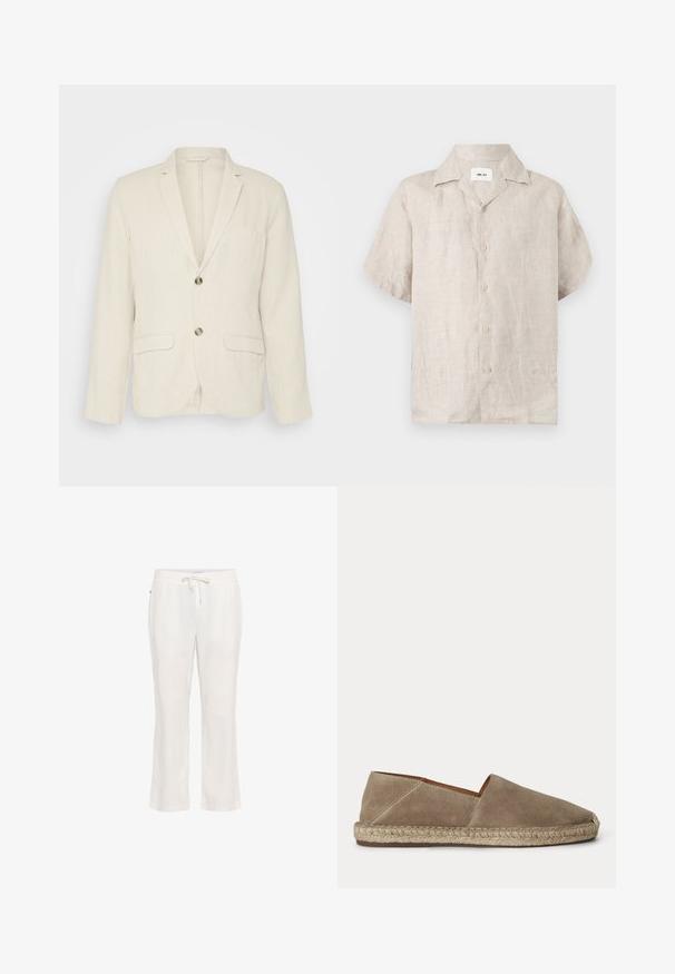 Lys beige linned blazer med to frontlommer, slagkraver og to knapper. Tekstureret stof med en afslappet pasform.; Beige kortærmet linnedskjorte med krave og knapper foran, med en synlig hvid label inde i kraven med teksten "NN.07".; Lettere, hvide linnedbukser med elastisk talje og snorbindning. Lige ben-design med en glat tekstur og uden bemærkelsesværdige mønstre.; Beige ruskind espadrille sko med flettet juttesål og lukket rundet tå, vist fra siden på en ensfarvet baggrund.