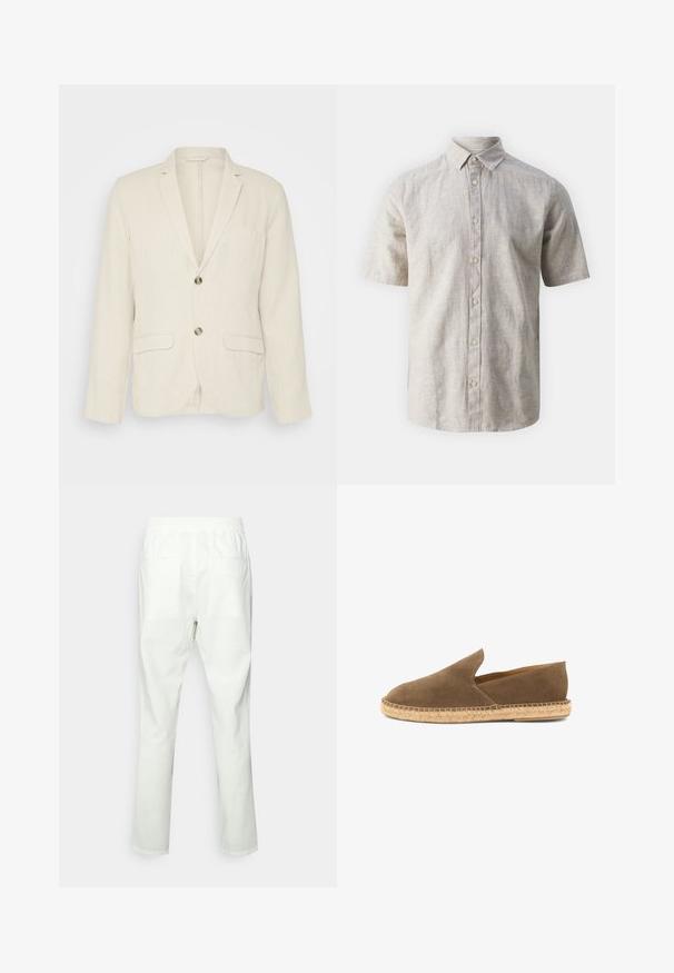 Blazer de lino beige claro con dos bolsillos frontales, solapas con muesca y dos botones. Tejido texturizado con un corte relajado.; Camisa de manga corta abotonada en lino beige claro, con cuello clásico, cierre frontal de botones y un ajuste relajado, con una textura sutil.; Pantalones blancos de algodón con cintura elástica, corte recto, dos bolsillos traseros y textura lisa y mate.; Alpargata marrón de ante con suela de yute trenzado y lados bajos, diseñada para uso informal.
