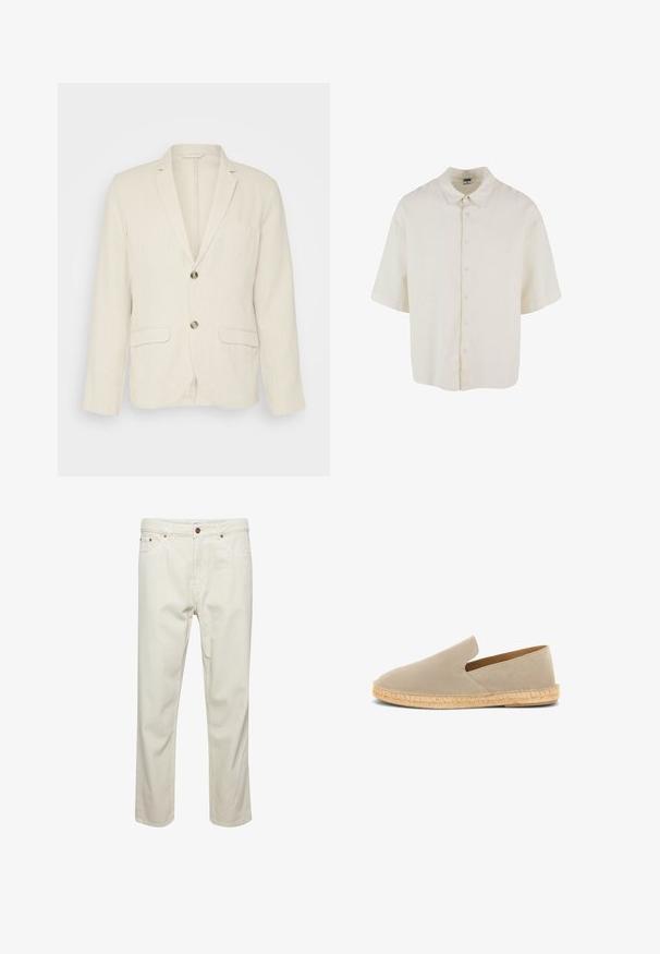 Blazer de lino beige claro con dos bolsillos frontales, solapas con muesca y dos botones. Tejido texturizado con un corte relajado.; Camisa de manga corta en tela color crema, con un ajuste holgado, cierre de botones y un diseño de cuello clásico.; Pantalones de algodón beige con corte recto, cinco bolsillos, cierre de botón y detalles de costura sutiles. Textura uniforme sin patrones visibles.; Espadrilla beige de ante tipo slip-on con suela envuelta en yute y tacón bajo, vista lateral sobre fondo blanco.