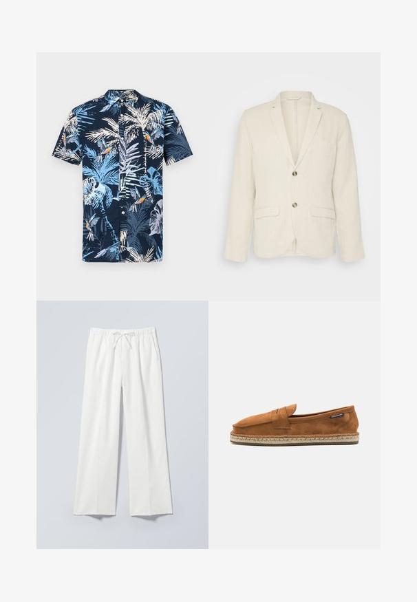 Lys beige linned blazer med to frontlommer, slagkraver og to knapper. Tekstureret stof med en afslappet pasform.; Kortærmet skjorte med en marineblå baggrund og et tropisk print af lyseblå palmer og farverige fugle. Skjorte med knap-ned krave.; Hvide bukser med vide ben, elastik i taljen og snor, med sidelommer og et blødt, let tekstureret stof.; Brun ruskind slip-on sko med rund tå, der har en vævet jute sål og et lille accentbånd over forfoden.