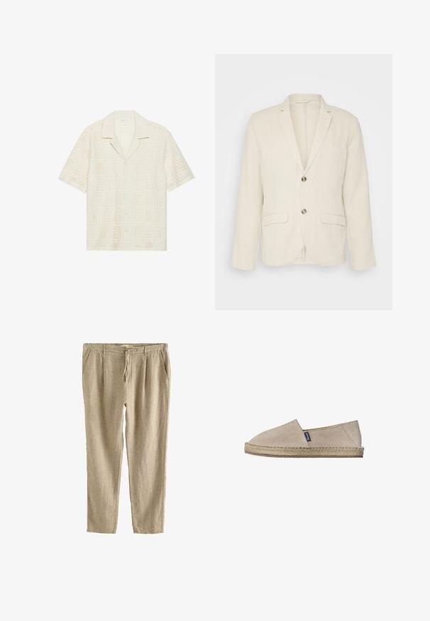 Blazer en lin beige clair avec deux poches avant, revers crantés et deux boutons. Tissu texturé avec une coupe décontractée.; Chemise à manches courtes en tissu crème clair, présentant un design texturé et perforé avec des motifs carrés et un col pointu.; Pantalon casual en lin beige avec taille à cordon, poches latérales et coupe droite détendue.; Espadrille en daim beige avec semelle en jute tressée et petite étiquette en tissu bleu marine sur le côté, vue de profil gauche sur fond blanc.