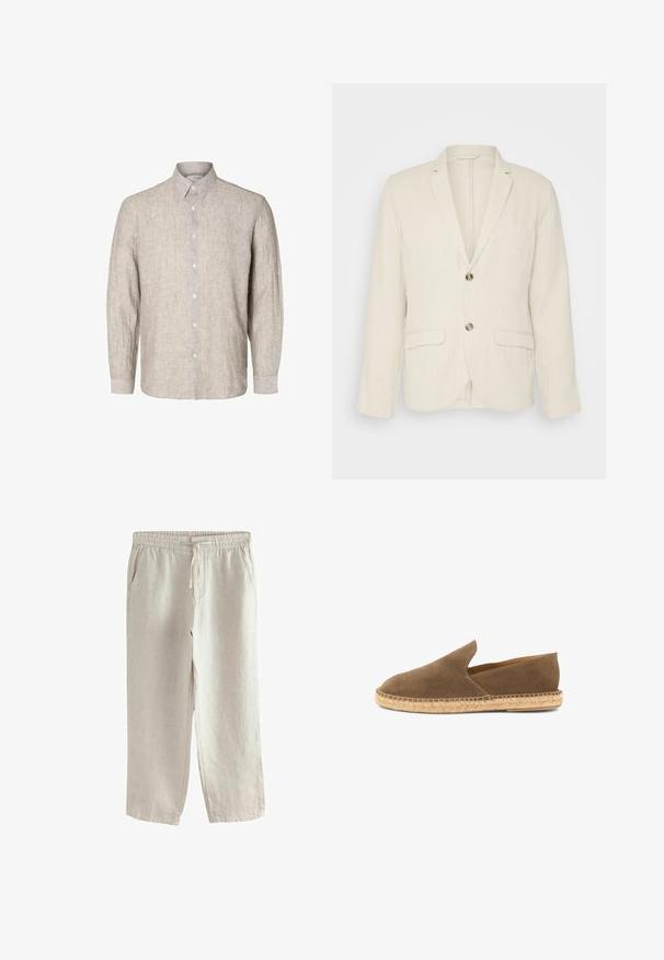 Lys beige linned blazer med to frontlommer, slagkraver og to knapper. Tekstureret stof med en afslappet pasform.; Lys grå linnedkjorte med lange ærmer, knap-ned krave og frontknapper. Tekstureret stof med et diskret mønster.; Lyse beige linnedbukser med elastisk talje, snøre, sidelommer og lige ben.; Brun ruskinds slip-on espadrille med flettet jutesål og lavtskårne sider, designet til afslappet brug.