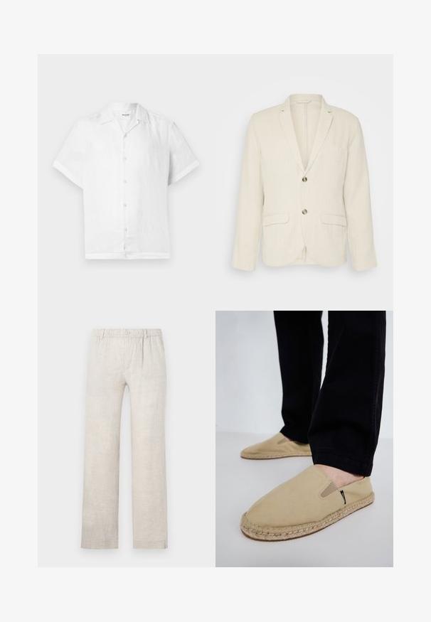 Blazer de lino beige claro con dos bolsillos frontales, solapas con muesca y dos botones. Tejido texturizado con un corte relajado.; Camisa de lino blanca de manga corta con cuello y cinco botones claros en la parte delantera; textura suave y corte relajado.; Pantalones de lino beige claro con un diseño de pierna recta, cinturilla elástica y cierre de botón. Textura mínima con sutiles detalles de costura.; Zapatos de lona color beige tipo slip-on con gomas elásticas, suela de cuerda de yute y costuras en contraste. Llevados con pantalones negros ajustados.