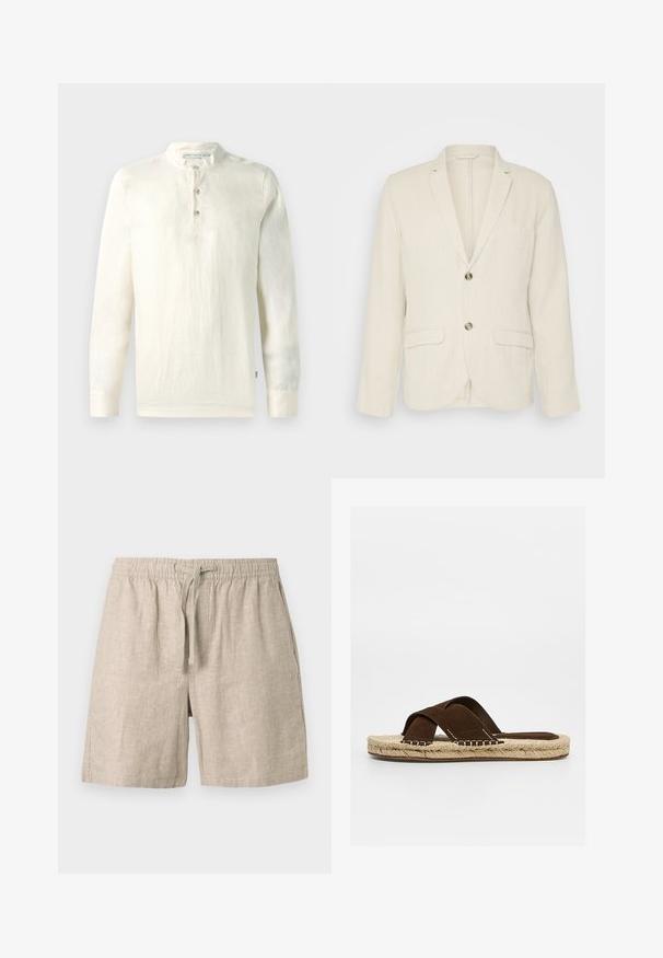 Blazer de lino beige claro con dos bolsillos frontales, solapas con muesca y dos botones. Tejido texturizado con un corte relajado.; Camisa de manga larga en algodón color crema claro, con cuello mandarín, tapeta de tres botones y un acabado texturizado.; Pantalones cortos de lino beige con cinturilla elástica y cordón ajustable, con bolsillos laterales y un ajuste relajado.; Sandalia tipo slide para hombre de ante marrón con tiras cruzadas y suela de yute tejido, mostrada de perfil sobre fondo blanco.