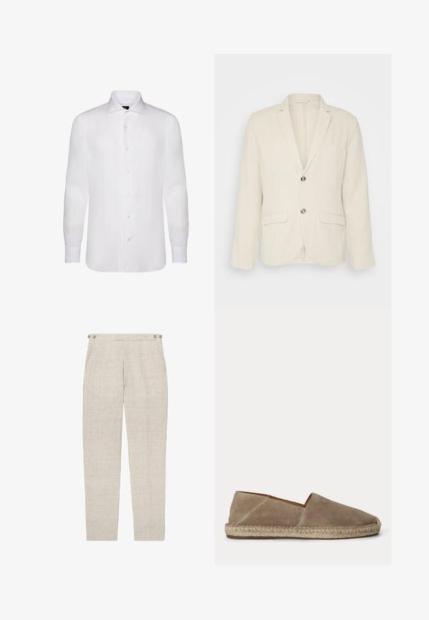 Blazer de lino beige claro con dos bolsillos frontales, solapas con muesca y dos botones. Tejido texturizado con un corte relajado.; Camisa blanca de manga larga abotonada, hecha de una tela ligera, con un cuello clásico, una textura sutil y seis botones al frente.; Reiss REGULAR FIT BLOOMFIELD - Pantalón de traje - stone; Zapato espadrille de ante beige con suela de yute trenzado y puntera cerrada y redondeada, mostrado de lado sobre un fondo liso.
