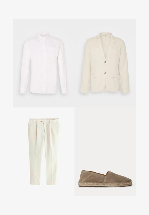 Lys beige linned blazer med to frontlommer, slagkraver og to knapper. Tekstureret stof med en afslappet pasform.; Hvid langærmet skjorte i lin med knap-ned krave, enkelt brystlomme og lige snit. Glat tekstur, minimalistisk design.; Smaltsiddende, off-white skræddersyede bukser med frontlige folder, sidelommer, bæltestropper og knaplukning i taljen.; Beige ruskind espadrille sko med flettet juttesål og lukket rundet tå, vist fra siden på en ensfarvet baggrund.
