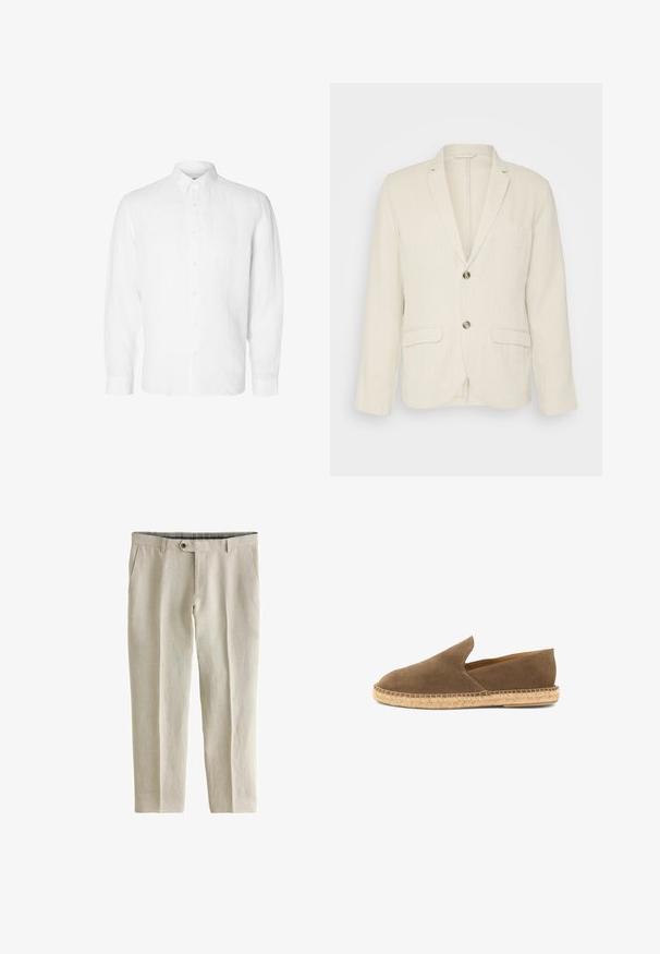 Helle beige Leinenjacke mit zwei Fronttaschen, Reverskragen und zwei Knöpfen. Strukturiertes Gewebe mit entspannter Passform.; Weißes Langarmhemd aus Leinen mit Button-Down-Kragen, vorderen Knöpfen und einer lässigen Passform mit geraden Manschetten.; Next SIGNATURE - REGULAR FIT - Stoffhose - neutral; Braune Wildleder-Espadrille zum Hineinschlüpfen mit geflochtener Jutesohle und niedrig geschnittenen Seiten, entworfen für den Freizeitgebrauch.