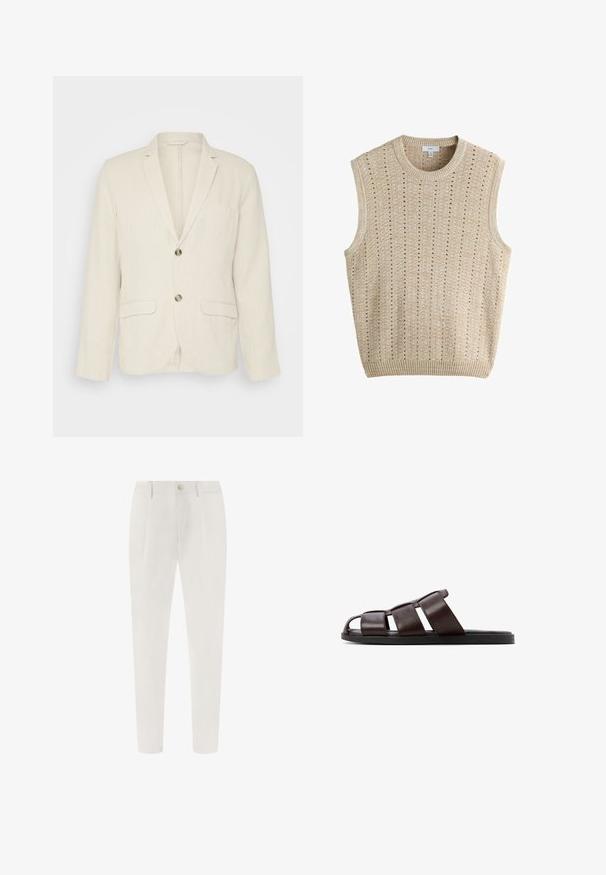 Lichtbeige linnen blazer met twee voorzakken, gesneden revers en twee knopen. Gelaagd stof met een ontspannen pasvorm.; Beige, gebreide mouwloze trui met verticale opengewerkte patronen, geribde ronde hals, armsgaten en zoom, maat medium van het merk NEXT.; Witte op maat gemaakte broek met riemlussen, voorknoop, ritssluiting en taps toelopende pijpen, ontworpen voor een formele of zakelijke look.; Bruine leren slidesandalen met een breed bandontwerp, open teenstijl en een platte zwarte zool. Beschikken over een gladde textuur en minimale details.