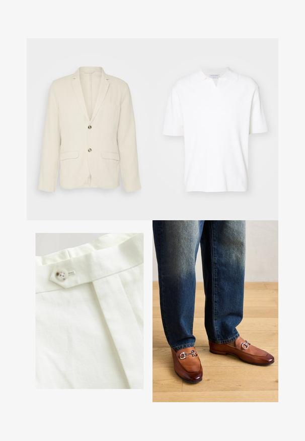 Lys beige linned blazer med to frontlommer, slagkraver og to knapper. Tekstureret stof med en afslappet pasform.; Hvid kortærmet polo skjorte med krave og en subtil v-sprække. Fremstillet af blødt stof med en glat tekstur.; Hvidt stof med en glat tekstur, der har en enkelt knaplukning, et plisseret design og pæne syninger.; Brune læder loafers med en skinnende tå og sølvhestebid hardware, parret med lyseblå denim jeans, på et trægulv.