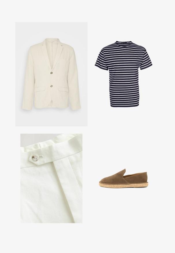 Lys beige linned blazer med to frontlommer, slagkraver og to knapper. Tekstureret stof med en afslappet pasform.; Armor lux THÉVIEC MARINIÈRE - T-shirts print - navy blue/white; Hvidt stof med en glat tekstur, der har en enkelt knaplukning, et plisseret design og pæne syninger.; Brun ruskinds slip-on espadrille med flettet jutesål og lavtskårne sider, designet til afslappet brug.