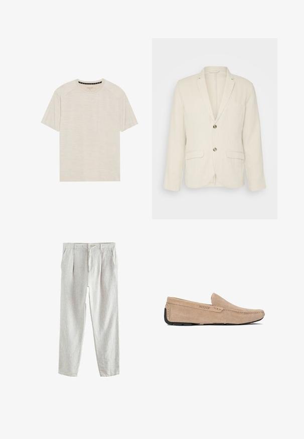 Helle beige Leinenjacke mit zwei Fronttaschen, Reverskragen und zwei Knöpfen. Strukturiertes Gewebe mit entspannter Passform.; Helles beige T-Shirt mit kurzen Ärmeln aus strukturiertem Stoff, das einen runden Ausschnitt und Raglanärmel aufweist. Dezentes horizontales Streifenmuster.; Hellgraue Leinenhose mit zulaufenden Beinen, Knopf- und Schnurverschluss an der Taille und Seitentaschen.; Beige Wildleder Slipper mit genähten Akzenten und einer schwarzen Gummisohle. Das Design verfügt über eine glatte Textur und eine abgerundete Zehenpartie.