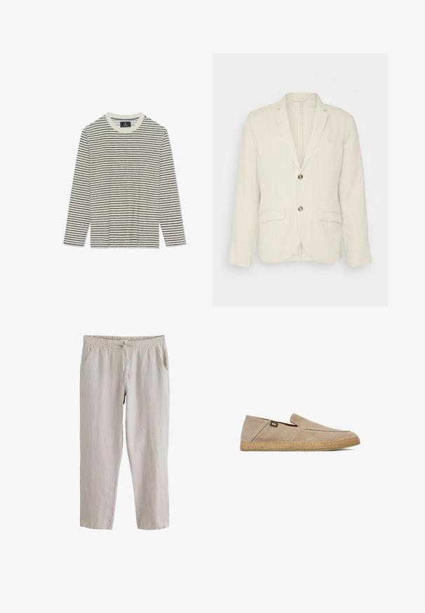 Blazer de lino beige claro con dos bolsillos frontales, solapas con muesca y dos botones. Tejido texturizado con un corte relajado.; Camisa de manga larga con una base crema y finas rayas marinas. Presenta un cuello redondo y una textura suave. Sin logotipos ni adornos visibles.; Pantalones casuales de color beige claro con cintura elástica y cordón frontal, con bolsillos laterales y corte de pierna recta.; Zapato beige tipo slip-on con parte superior de ante y suela tejida texturizada, con una pequeña etiqueta de logo de tela en el lateral cerca del talón.