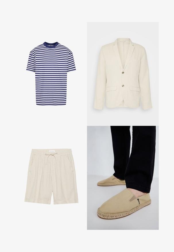 Blazer de lino beige claro con dos bolsillos frontales, solapas con muesca y dos botones. Tejido texturizado con un corte relajado.; Camiseta de manga corta a rayas con rayas horizontales azul marino y blancas, cuello redondo, corte relajado y material de algodón suave.; Shorts de lino beige con cintura elástica, cordón ajustable y bolsillos laterales. Ajuste holgado con pierna recta y dobladillo vuelto.; Zapatos de lona color beige tipo slip-on con gomas elásticas, suela de cuerda de yute y costuras en contraste. Llevados con pantalones negros ajustados.