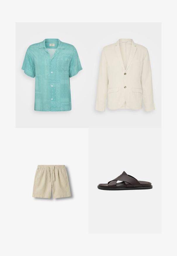 Blazer en lin beige clair avec deux poches avant, revers crantés et deux boutons. Tissu texturé avec une coupe décontractée.; Chemise à manches courtes avec col en tissu teal clair, présentant un design subtil avec des motifs et des textures. Une poche poitrine.; Short beige décontracté avec taille élastique et cordon, poches latérales et ourlet droit, présenté sur un fond uni.; Stuart Weitzman BERKLEY - Mules - espresso