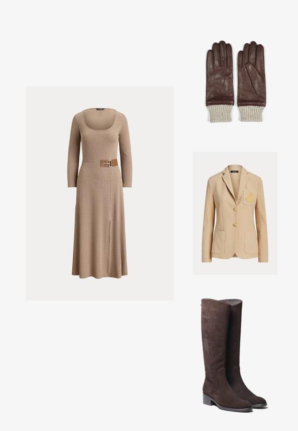 Beige op maat gemaakte blazer met twee voorzakken, gouden borduurwerk op de linker borstzak en twee gouden knopen middenvoor.; Bruine lange mouwen jurk met een vierkante halslijn en een taillering met een metalen gesp. De stof is zacht met een lichte glans en heeft een zijsplits.; Bruine suède kniehoge laarzen met een licht afgeronde neus en een lage blokhak. Kenmerkt zich door subtiele stikdetails langs de zijkanten.; Bruine leren handschoenen met een gladde textuur, voorzien van geribde beige gebreide manchetten. Stijlvolle stiksels en een puntige vingervorm.