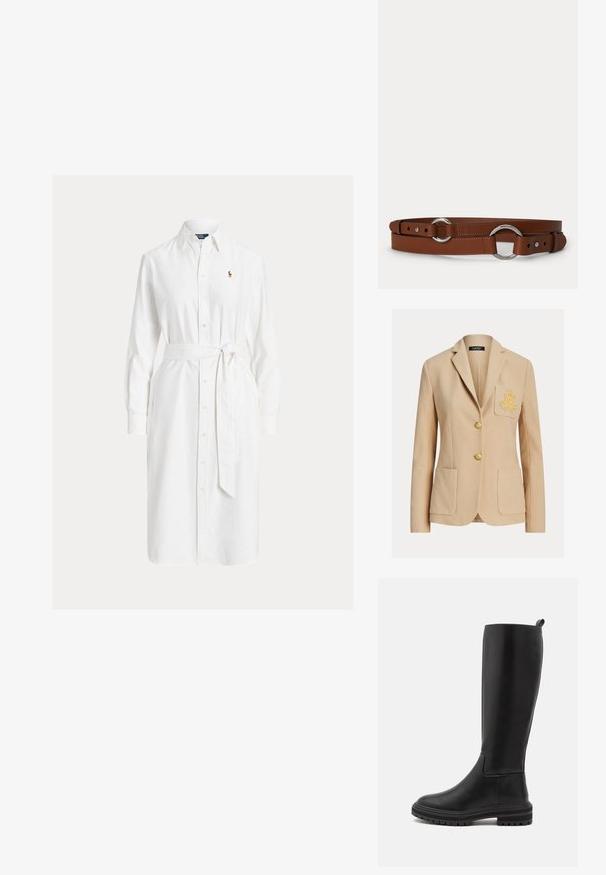 Blazer beige cintré avec deux poches frontales, broderie dorée sur la poche poitrine gauche, et deux boutons dorés au centre.; Robe chemise blanche à manches longues avec col, ceinture à la taille et petit logo brodé sur la poitrine gauche.; Bottes noires en cuir montantes, à finition lisse, avec un bout arrondi, une semelle en caoutchouc basse et des détails de couture minimalistes.; Ceinture en cuir marron avec des anneaux métalliques circulaires argentés et des trous de boucle réglables sur un fond clair uni.