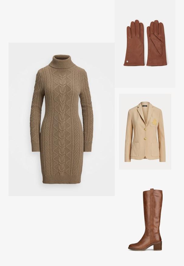 Beiger maßgeschneiderter Blazer mit zwei Fronttaschen, goldener Stickerei auf der linken Brusttasche und zwei goldenen Knöpfen in der Mitte.; Brauner, kabelgestrickter Rollkragenpullover-Kleid mit langen Ärmeln und kunstvollen Strickmustern auf der Vorderseite und den Ärmeln.; Braune Lederknöchelhohe Stiefel mit runder Spitze, einem gestapelten Absatz und Nahtdetails an den Seiten. Glatte Textur mit aufrechter Gestaltung.; Braune Lederhandschuhe mit eleganten Design, ausgestattet mit Steppdetails und einem metallischen Akzent am Handgelenk. Glatte Textur, Fünf-Finger-Style.