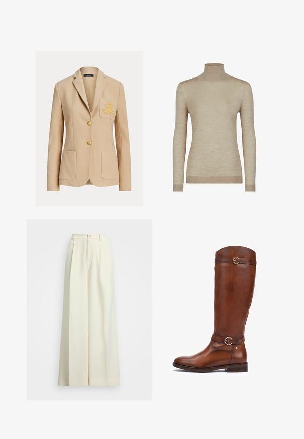 Beige skræddersyet blazer med to forlommer, guldbroderi på venstre brystlomme og to guldknapper ned langs midten.; Beige turtleneck sweater med lange ærmer, lavet af let strikket materiale, med ribbet kant og subtil tekstur.; Bredde benbukser i off-white stof, med høj talje, dobbelte plisseringer og knaplukning. Glat tekstur og skræddersyet design.; Brune læderstøvler til knæene med en glat finish, en rundt tå, et dekorativt bælte med en cirkulær spænde, og en lav stablet hæl.