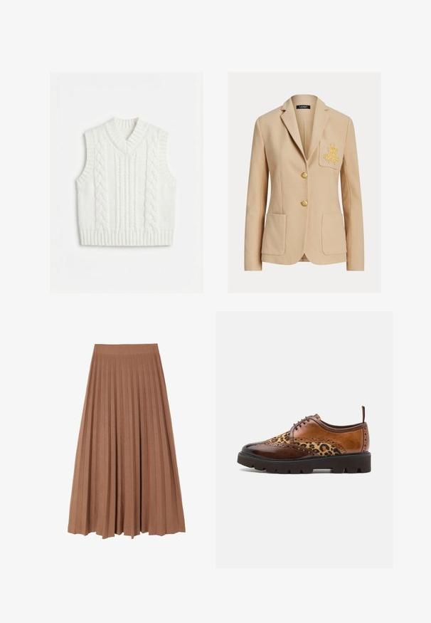 Blazer beige cintré avec deux poches frontales, broderie dorée sur la poche poitrine gauche, et deux boutons dorés au centre.; Veste sans manches blanche en tricot avec motif torsadé et encolure en V, emmanchures et ourlet côtelés.; Jupe midi plissée marron avec une ceinture cintrée et des plis verticaux espacés uniformément, présentée sur un fond blanc.; Chaussure en cuir brun à lacets avec des accents de motif léopard, surfaces lisses et texturées, bout rond et semelle épaisse et robuste.