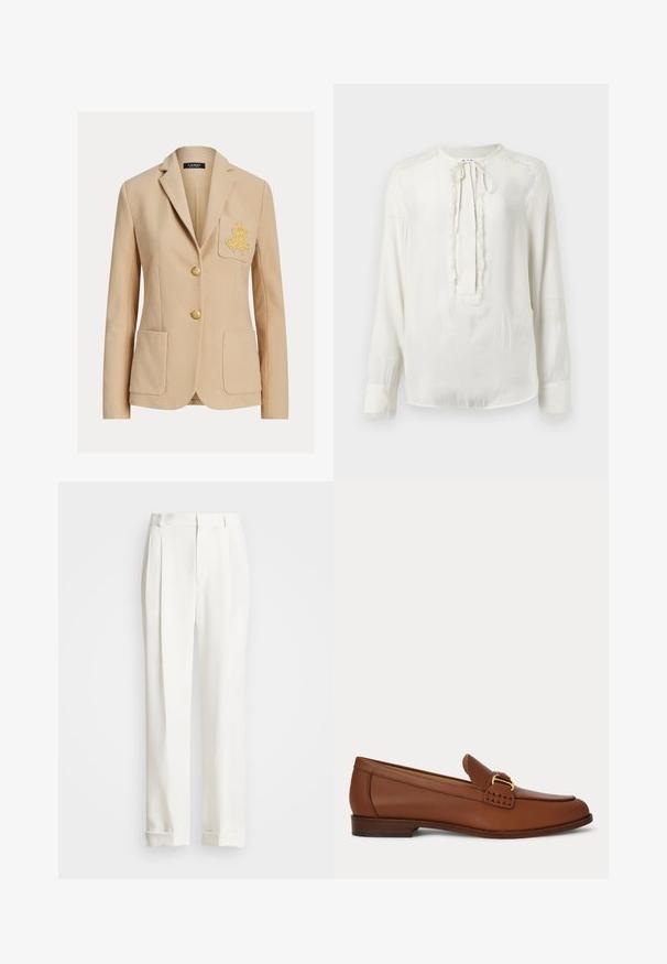 Beige skræddersyet blazer med to forlommer, guldbroderi på venstre brystlomme og to guldknapper ned langs midten.; Hvid langærmet bluse med rund halsudskæring og snorelukning. Har en tekstureret kant langs fronten og manchetterne. Glat stoffinish.; Hvide skræddertrousers med to frontplisseringer, lige snit og opfoldede kanter. Fremstillet af glat stof og har et klassisk design.; Brun læder loafer med guldfarvet spænde og lavt træhæl, vist fra siden på en ensfarvet baggrund.