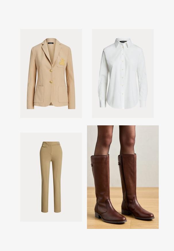 Beige skræddersyet blazer med to forlommer, guldbroderi på venstre brystlomme og to guldknapper ned langs midten.; Hvid skjorte med lange ærmer, knapper foran, spids krave og let buet kant.; Beige skræddersyede bukser med en glat tekstur, høj talje, to dekorative knapper og en enkelt baglomme. Lige ben-design.; Anna Field by Zalando LEATHER - Høje støvler/ Støvler - brown
