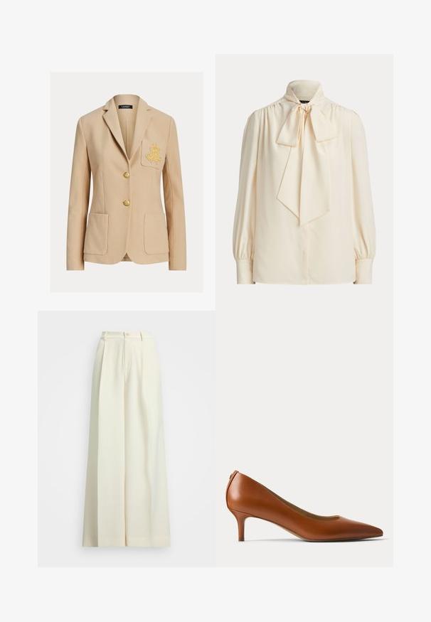 Blazer beige a medida con dos bolsillos delanteros, bordado dorado en el bolsillo del pecho izquierdo y dos botones dorados en el centro.; Blusa de manga larga de color crema con cuello alto y gran lazo atado en el cuello, con hombros fruncidos y puños con botones.; Pantalones de pierna ancha en tejido blanco roto, con cintura alta, pinzas dobles y cierre de botón. Textura suave y diseño a medida.; Zapato pump marrón de cuero con tacón bajo y punta puntiaguda mostrado de perfil sobre un fondo claro y liso.