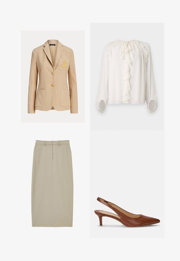 Beiger maßgeschneiderter Blazer mit zwei Fronttaschen, goldener Stickerei auf der linken Brusttasche und zwei goldenen Knöpfen in der Mitte.; Weiße Bluse mit langen Ärmeln und einem gerafften Ausschnitt sowie Manschetten. Weicher, leichter Stoff mit Raffung an den Schultern und Ärmeln.; Beige Bleistiftrock aus glattem Stoff, mit zwei vorderen Taschen, einer mittigen Naht und einem Taillenbund mit zwei horizontalen Gürtelschlaufen.; Brauner Leder-Damenslingback mit spitzer Schuhspitze und niedrigem Kittenabsatz auf weißem Hintergrund.