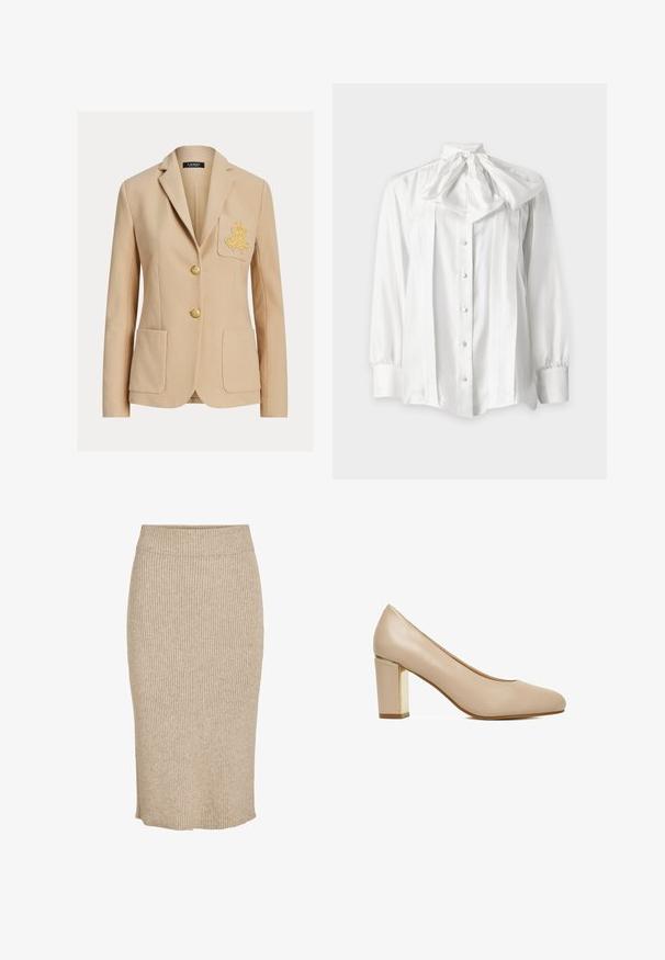 Beige skræddersyet blazer med to forlommer, guldbroderi på venstre brystlomme og to guldknapper ned langs midten.; Hvid bluse med lange ærmer, frontknapper og en stor bundet sløjfe ved halsen, med plisserede detaljer foran.; Strik nederdel i en lys beige farve med lodret ribbestruktur, knælang med elastisk talje og lige skæring.; Beige damesko med rund tå og blokhæl med en gylden metalaccent.