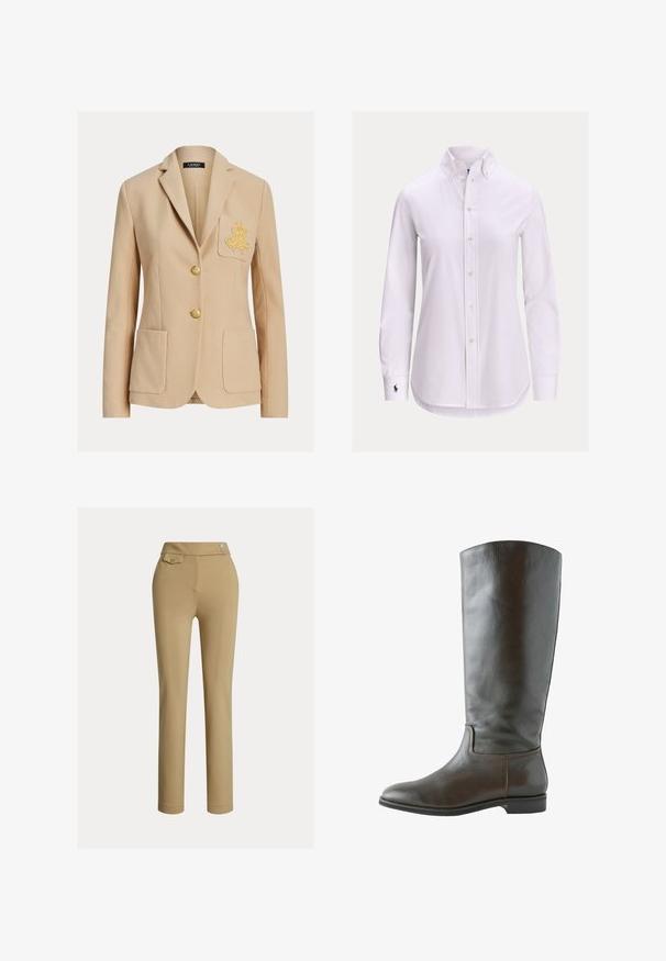 Beige skræddersyet blazer med to forlommer, guldbroderi på venstre brystlomme og to guldknapper ned langs midten.; Hvid langærmet skjorte med knapper foran, knappet krave og lille broderet logo på venstre manchet.; Beige skræddersyede bukser med en glat tekstur, høj talje, to dekorative knapper og en enkelt baglomme. Lige ben-design.; Brun læder knæhøj støvle med en glat overflade, rund tå og minimal syning. Sålen er flad med en lav hæl.