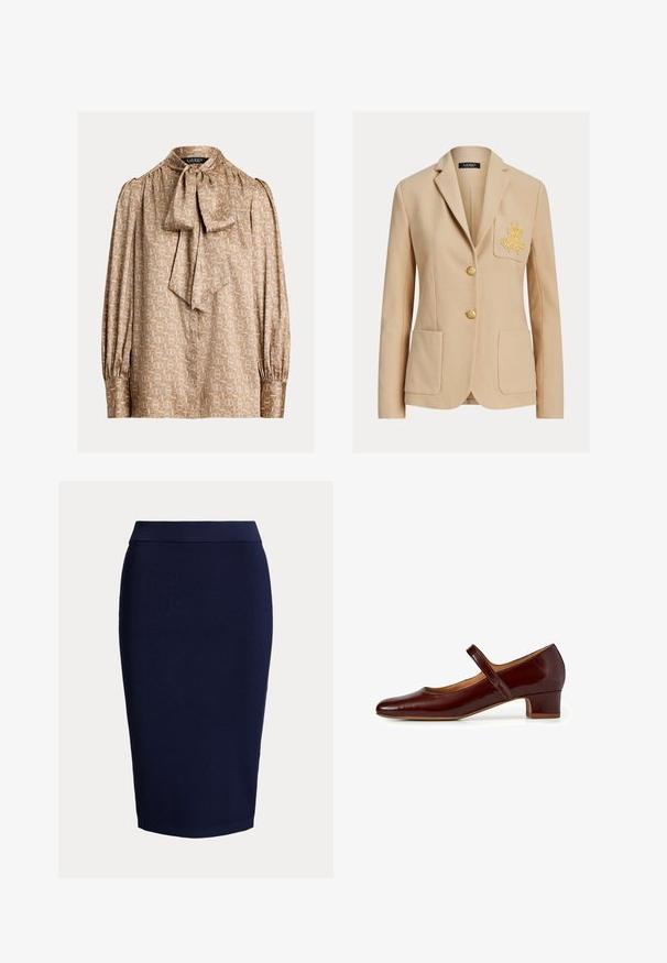 Beige skræddersyet blazer med to forlommer, guldbroderi på venstre brystlomme og to guldknapper ned langs midten.; Beige bluse med høj hals og sløjfe. Har et geometrisk mønster i guld og creme, lange ærmer med samlede manchetter, silkeagtig tekstur.; Marineblå ribstrikket pencilskørt med tætsiddende silhuet og mellemlang længde.; Mary Jane sko i dyb burgundy patentlæder, med en afrundet tå, en lav blokhæl og en justerbar rem over vristen.